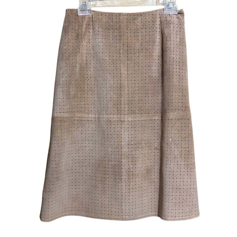 Lillie Rubin vintage tan laser cut suede A-line knee length, classic,‎ leather